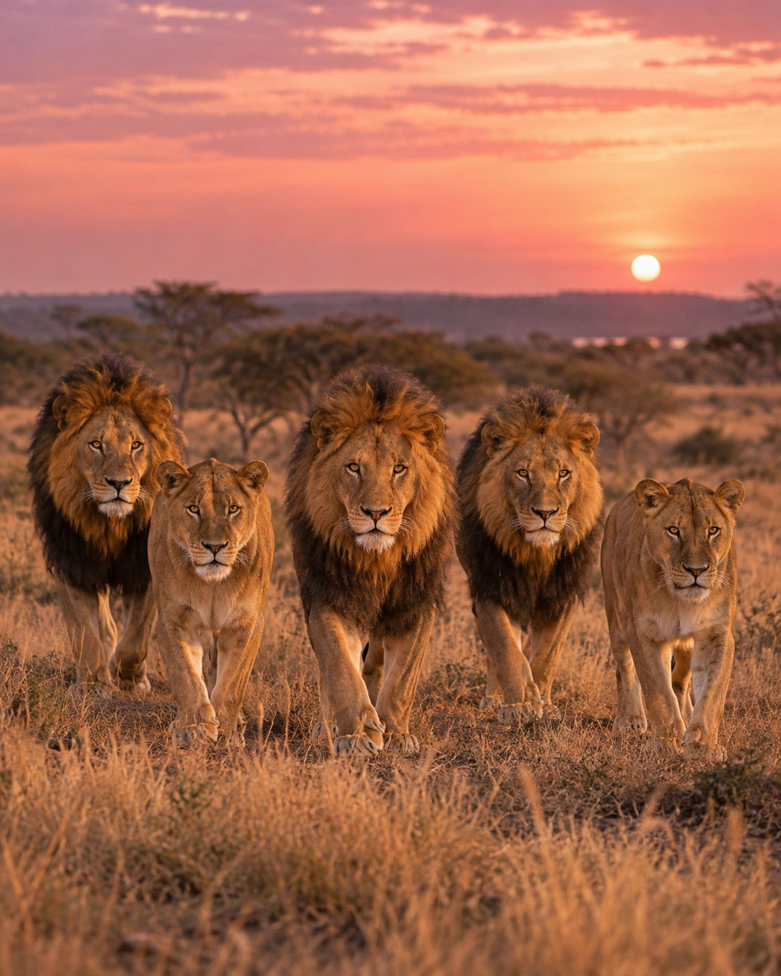 Trois lions et deux lionnes marchent dans la savane