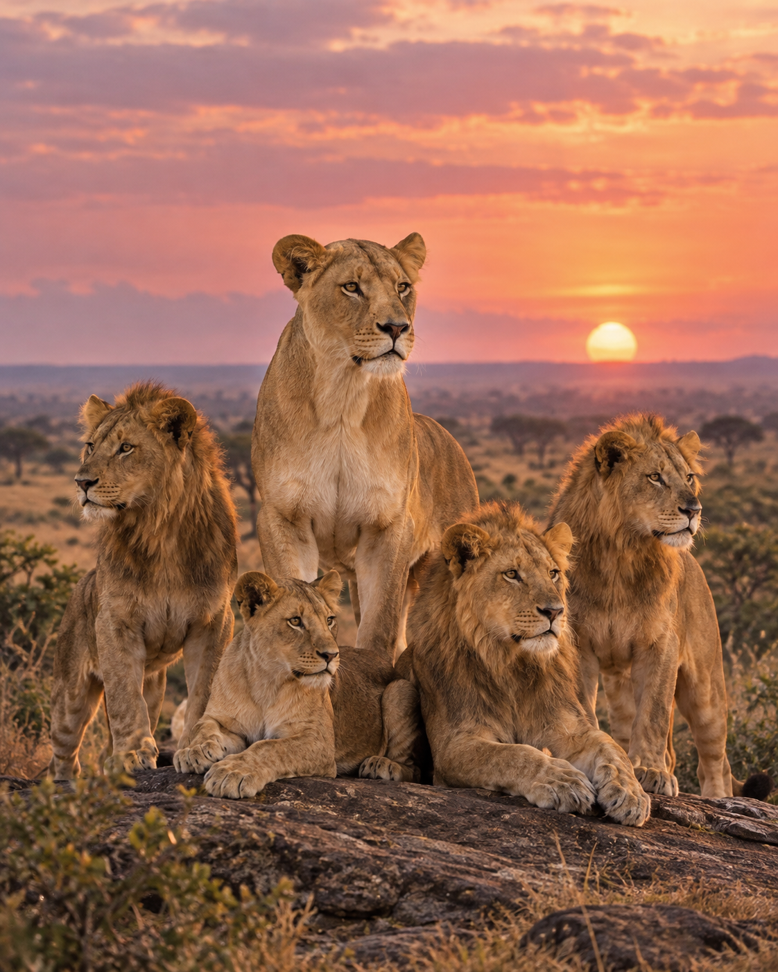 Une lionne et quatre jeunes lions au coucher du soleil