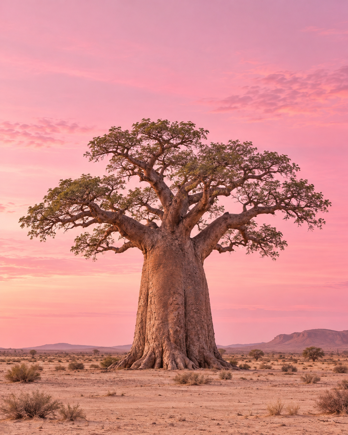 Un baobab dans un paysage inspiré du Sénégal au coucher du soleil