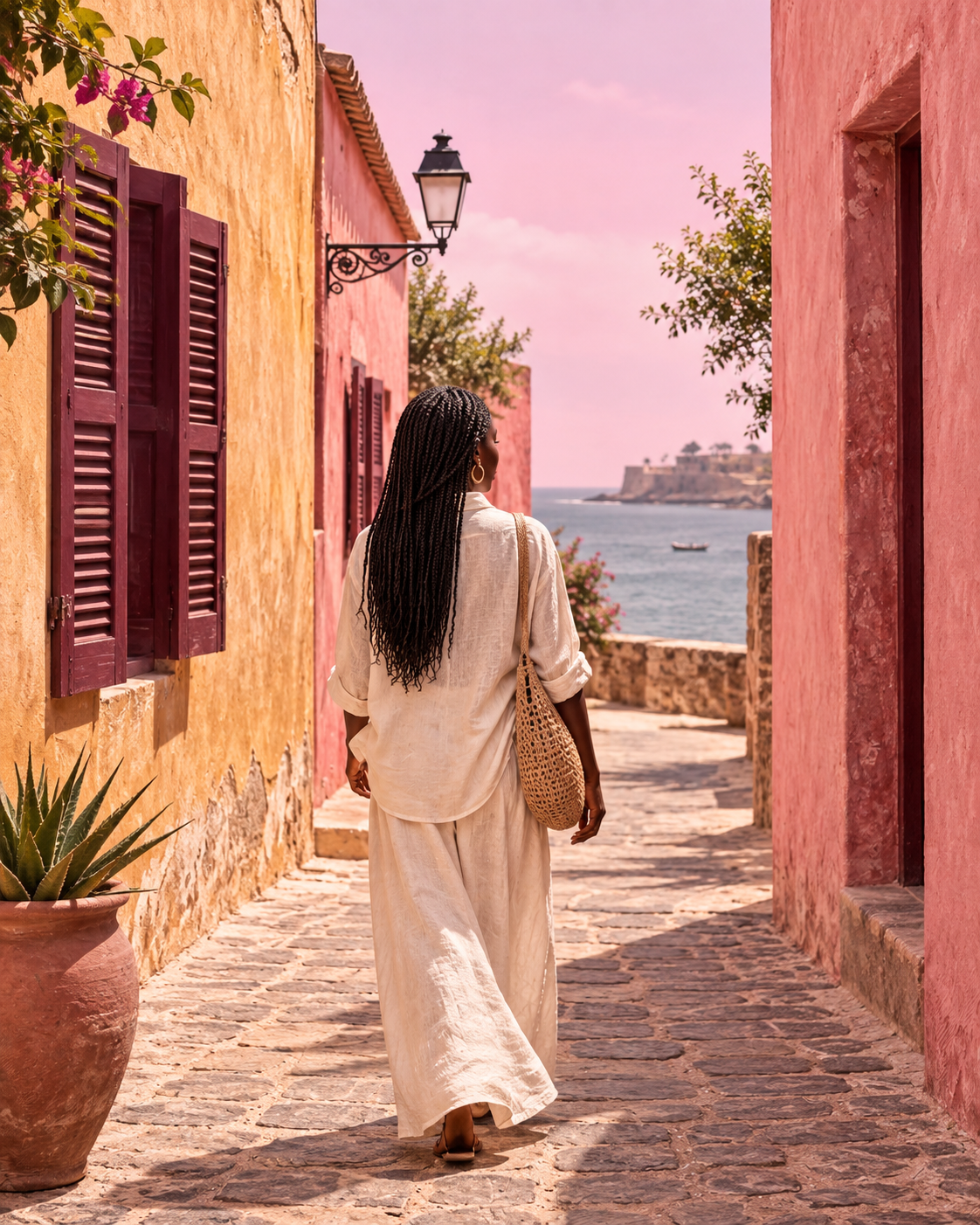 Une rue aux façades roses inspirée de Dakar