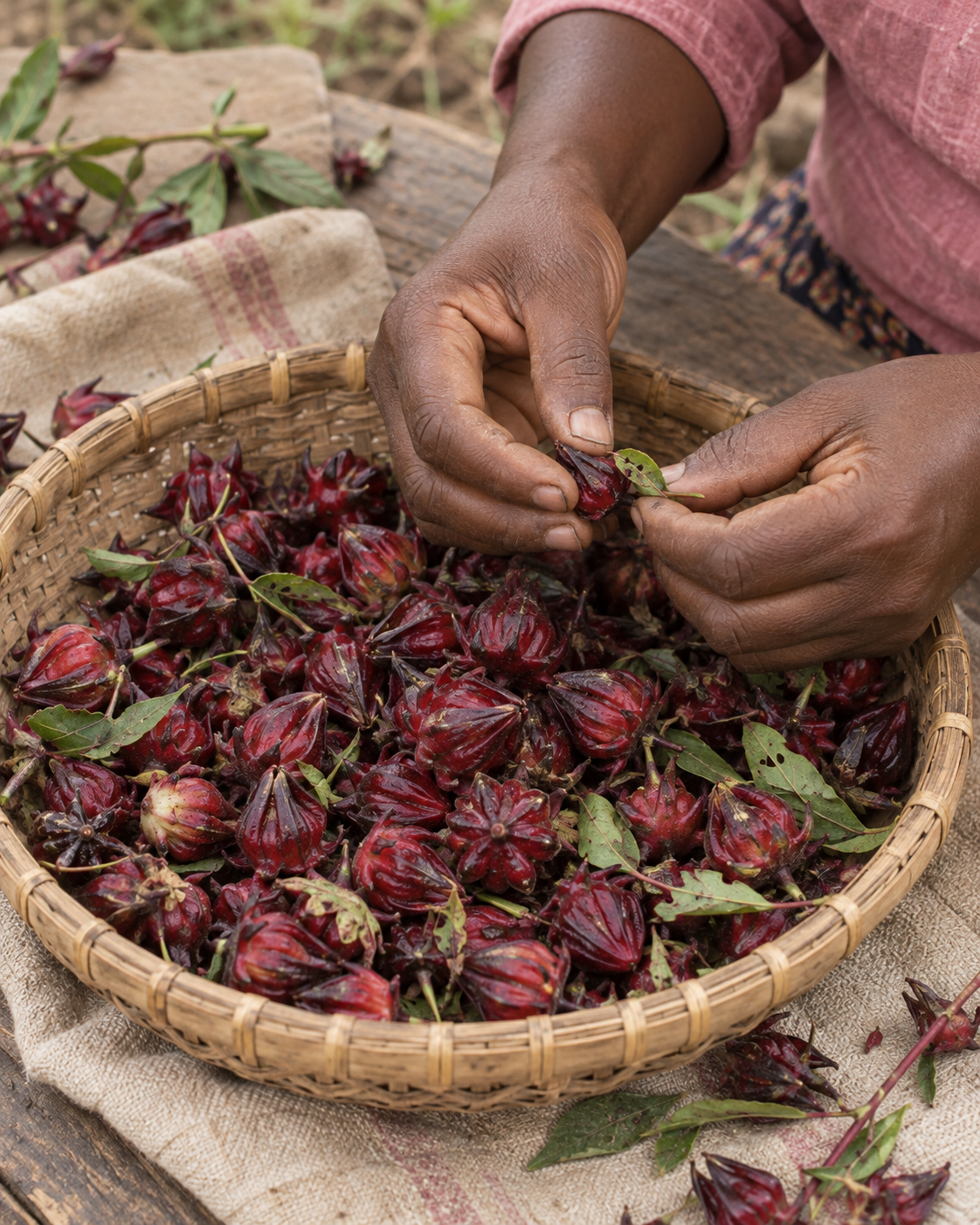 Des mains trient une récolte de calices de roselle dans un panier